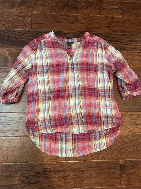 Bit & Bridle Tops - Bit & Bridle Lightweight Pink Plaid Henley Blouse